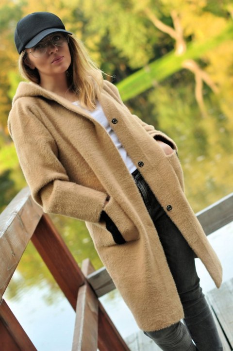 PŁASZCZ Z ALPAKI Z KAPTUREM sportowy CAMEL onesize