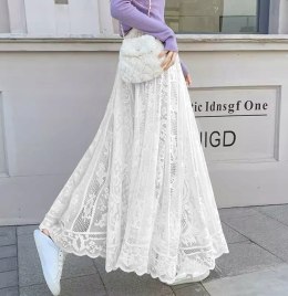 Długa spódnica damska koronkowa MAXI rozkloszowana FERRERA biała OVERSIZE