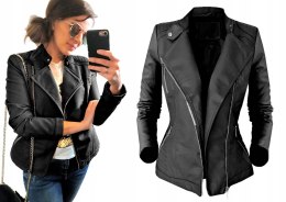 Kurtka skóra damska Biker Motocyklowa ramoneska srebrne zamki czarna 5XL