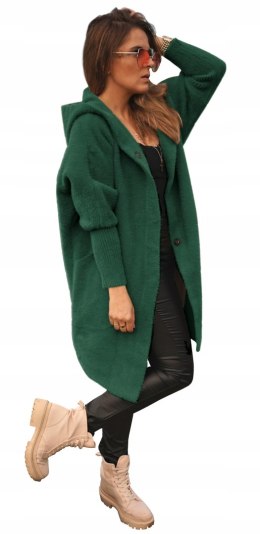 SWETER DAMSKI Z ALPAKI ESTE MODEL DŁUGI Z KAPTUREM oversize BUTELKOWY