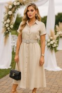 ELEGANCKA sukienka lniana z klasą model CLARA z ozdobnym dopinanym KWIATEM