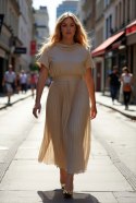 Elegancka DAMSKA sukienka PLUS SIZE model NOEMI plisowana beżowa WESELE CHRZCINY