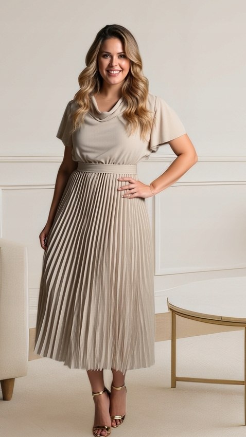 Elegancka DAMSKA sukienka PLUS SIZE model NOEMI plisowana beżowa WESELE CHRZCINY Elegancka DAMSKA sukienka PLUS SIZE model NOEMI plisowana beżowa WESELE CHRZCINY