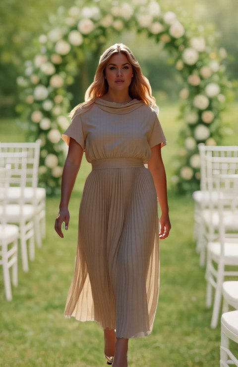 Elegancka DAMSKA sukienka PLUS SIZE model NOEMI plisowana beżowa WESELE CHRZCINY Elegancka DAMSKA sukienka PLUS SIZE model NOEMI plisowana beżowa WESELE CHRZCINY