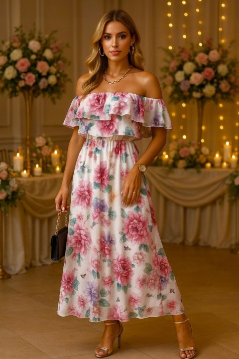 Elegancka Sukienka Damska Midi model FLORABELLA typu hiszpanka w kwiaty Elegancka Sukienka Damska Midi model FLORABELLA typu hiszpanka w kwiaty