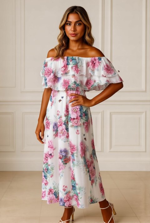 Elegancka Sukienka Damska Midi model FLORABELLA typu hiszpanka w kwiaty Elegancka Sukienka Damska Midi model FLORABELLA typu hiszpanka w kwiaty