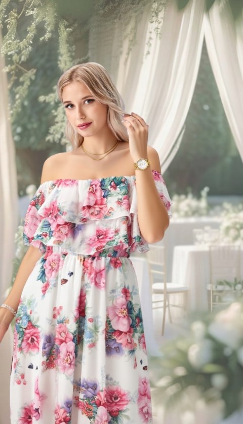 Elegancka Sukienka Damska Midi model FLORABELLA typu hiszpanka w kwiaty Elegancka Sukienka Damska Midi model FLORABELLA typu hiszpanka w kwiaty