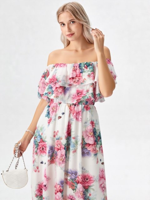 Elegancka Sukienka Damska Midi model FLORABELLA typu hiszpanka w kwiaty Elegancka Sukienka Damska Midi model FLORABELLA typu hiszpanka w kwiaty