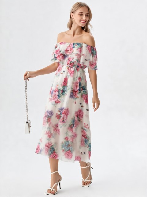 Elegancka Sukienka Damska Midi model FLORABELLA typu hiszpanka w kwiaty Elegancka Sukienka Damska Midi model FLORABELLA typu hiszpanka w kwiaty