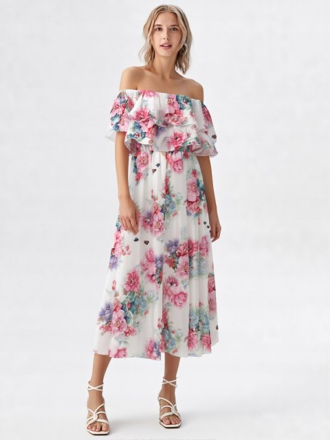 Elegancka Sukienka Damska Midi model FLORABELLA typu hiszpanka w kwiaty Elegancka Sukienka Damska Midi model FLORABELLA typu hiszpanka w kwiaty