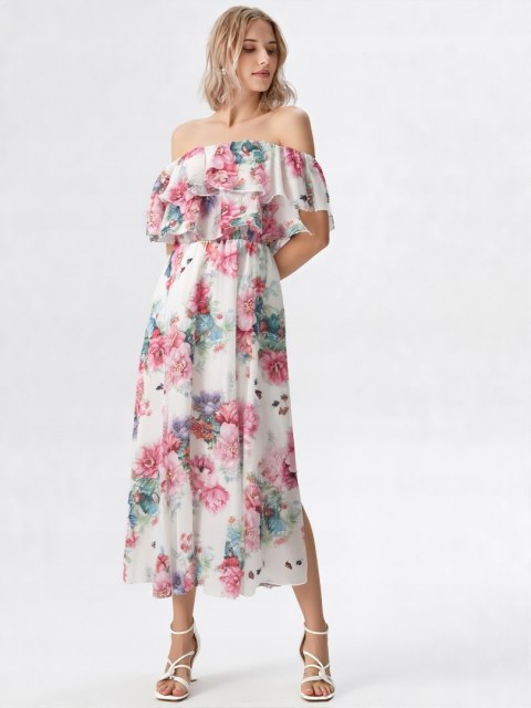 Elegancka Sukienka Damska Midi model FLORABELLA typu hiszpanka w kwiaty Elegancka Sukienka Damska Midi model FLORABELLA typu hiszpanka w kwiaty