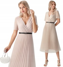 Elegancka Sukienka damska BEŻOWA plisowana MIDI model SOFIA na podszewce