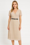 Elegancka Sukienka damska BEŻOWA plisowana MIDI model SOFIA na podszewce