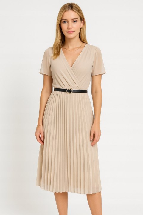 Elegancka Sukienka damska BEŻOWA plisowana MIDI model SOFIA na podszewce Elegancka Sukienka damska BEŻOWA plisowana MIDI model SOFIA na podszewce