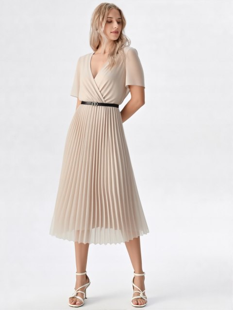 Elegancka Sukienka damska BEŻOWA plisowana MIDI model SOFIA na podszewce Elegancka Sukienka damska BEŻOWA plisowana MIDI model SOFIA na podszewce