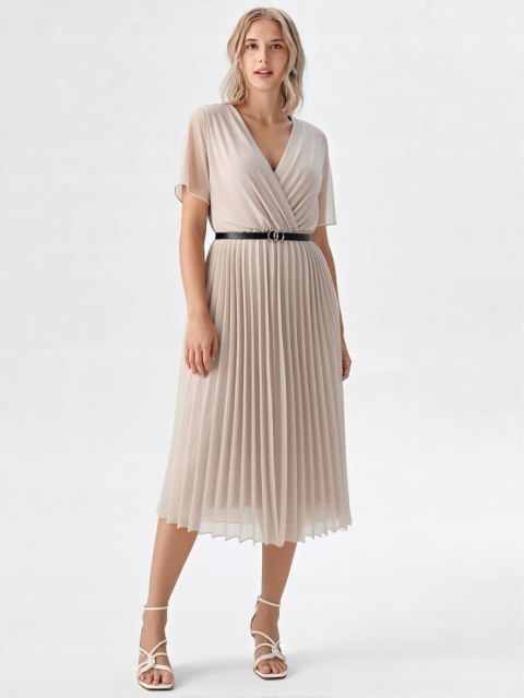 Elegancka Sukienka damska BEŻOWA plisowana MIDI model SOFIA na podszewce Elegancka Sukienka damska BEŻOWA plisowana MIDI model SOFIA na podszewce