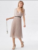 Elegancka Sukienka damska BEŻOWA plisowana MIDI model SOFIA na podszewce