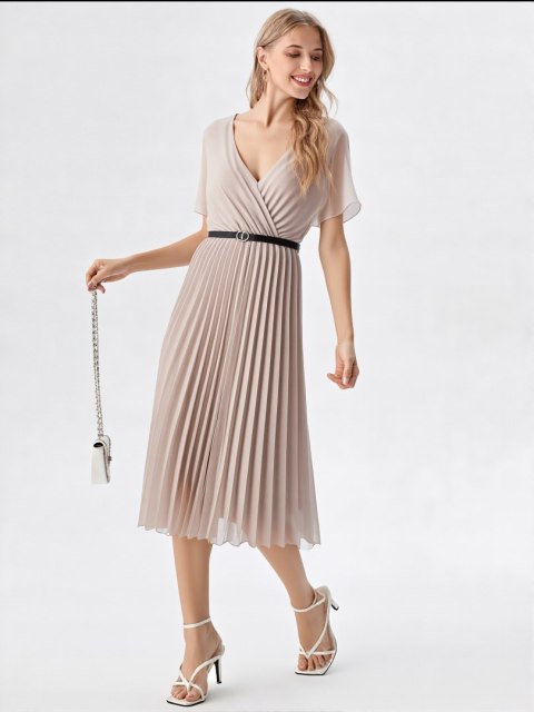 Elegancka Sukienka damska BEŻOWA plisowana MIDI model SOFIA na podszewce Elegancka Sukienka damska BEŻOWA plisowana MIDI model SOFIA na podszewce
