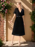 Elegancka Sukienka damska czarna plisowana MIDI model SOFIA na podszewce