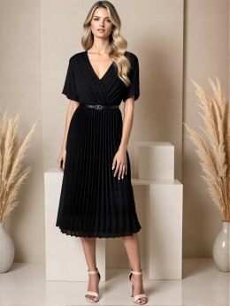 Elegancka Sukienka damska czarna plisowana MIDI model SOFIA na podszewce