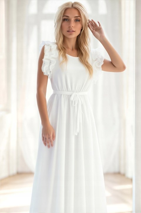 Elegancka szyfonowa sukienka damska WERA falbankami na chrzciny wesele BIEL Elegancka szyfonowa sukienka damska WERA falbankami na chrzciny wesele BIEL