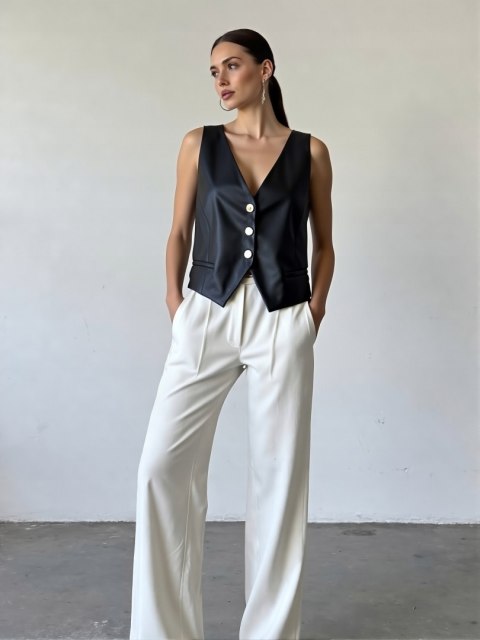 Czarna kamizelka ramoneska elegancka eko skóra modna sezon 2025