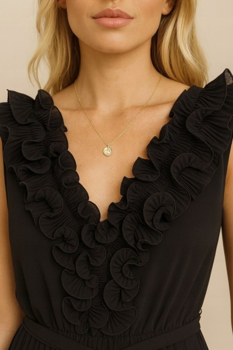 Plisowany szyfonowy czarny KOMBINEZON damski IZABELLA z dekolt i falbanki