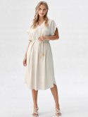 Sukienka BEŻOWA damska midi z paskiem BOHO na codzień oversize wiskoza na LATO