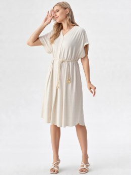 Sukienka BEŻOWA damska midi z paskiem BOHO na codzień oversize wiskoza na LATO