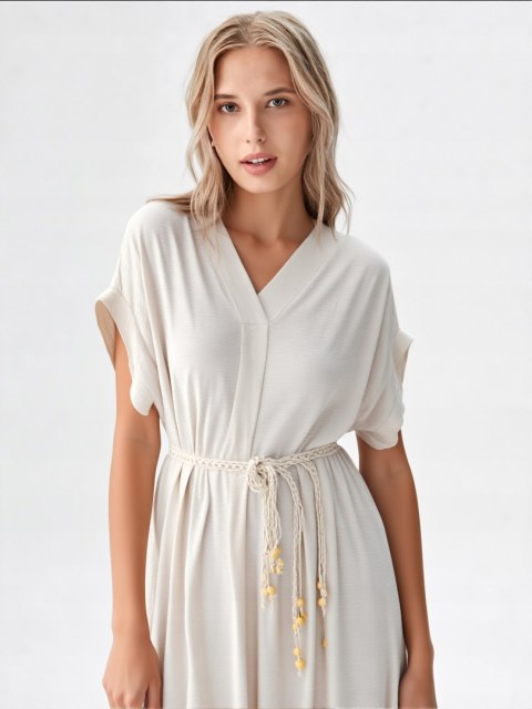 Sukienka BEŻOWA damska midi z paskiem BOHO na codzień oversize wiskoza na LATO