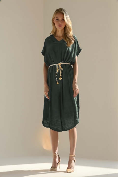 Sukienka OLIWKOWA damska midi z paskiem BOHO na co dzień oversize LATO Sukienka OLIWKOWA damska midi z paskiem BOHO na co dzień oversize LATO