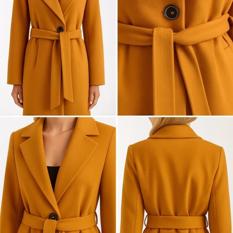 ELEGANCKI płaszcz DAMSKI klasyczny krój - kolor musztardowy L/XL