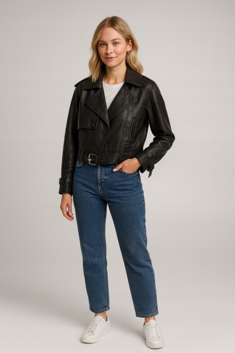 Czarna matowa krótka kurtka oversize biker z paskiem – rozmiar XL