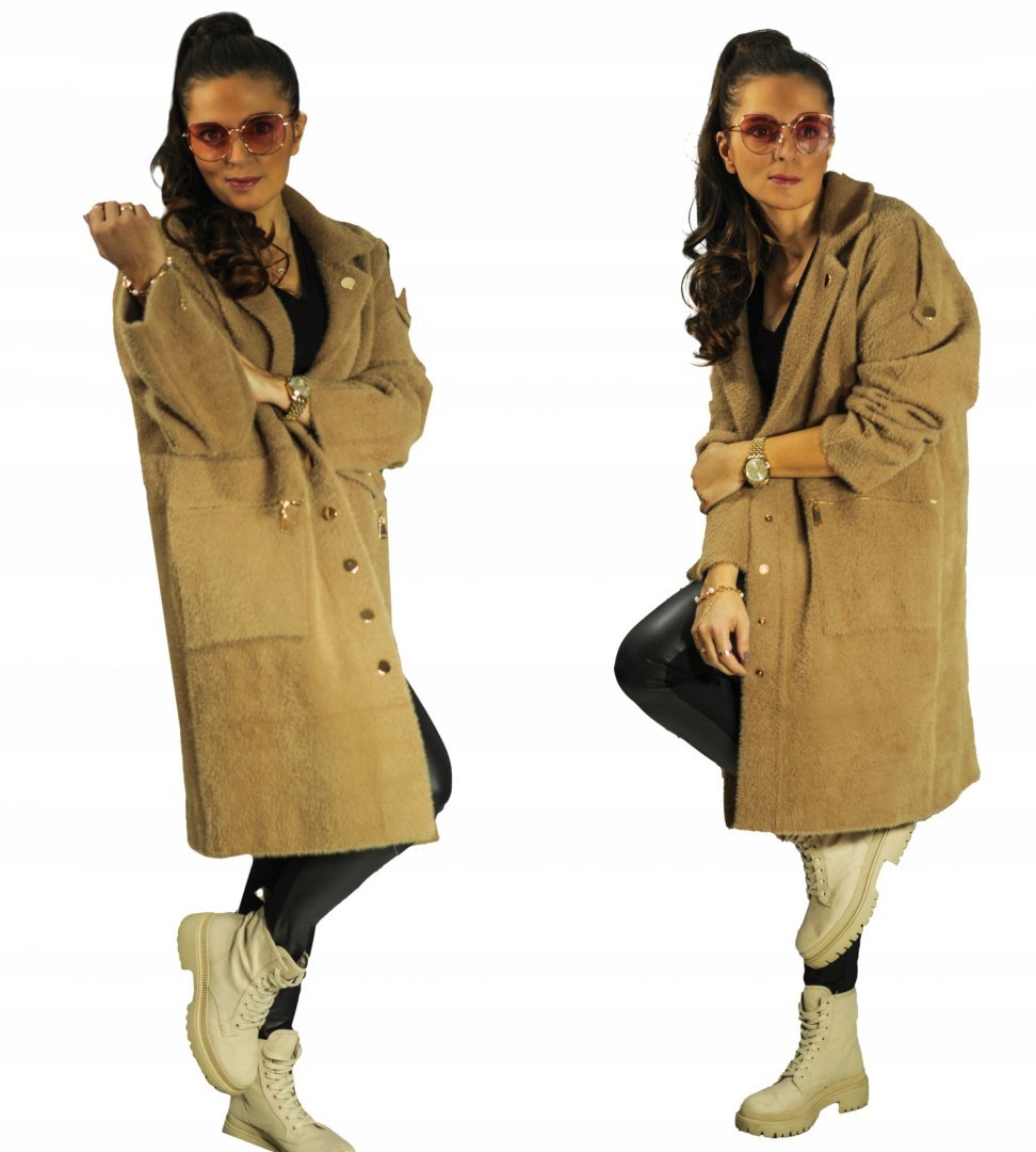 PŁASZCZ Z ALPAKI złote guziki HQ plus size CAMEL PŁASZCZ Z ALPAKI złote guziki HQ plus size CAMEL